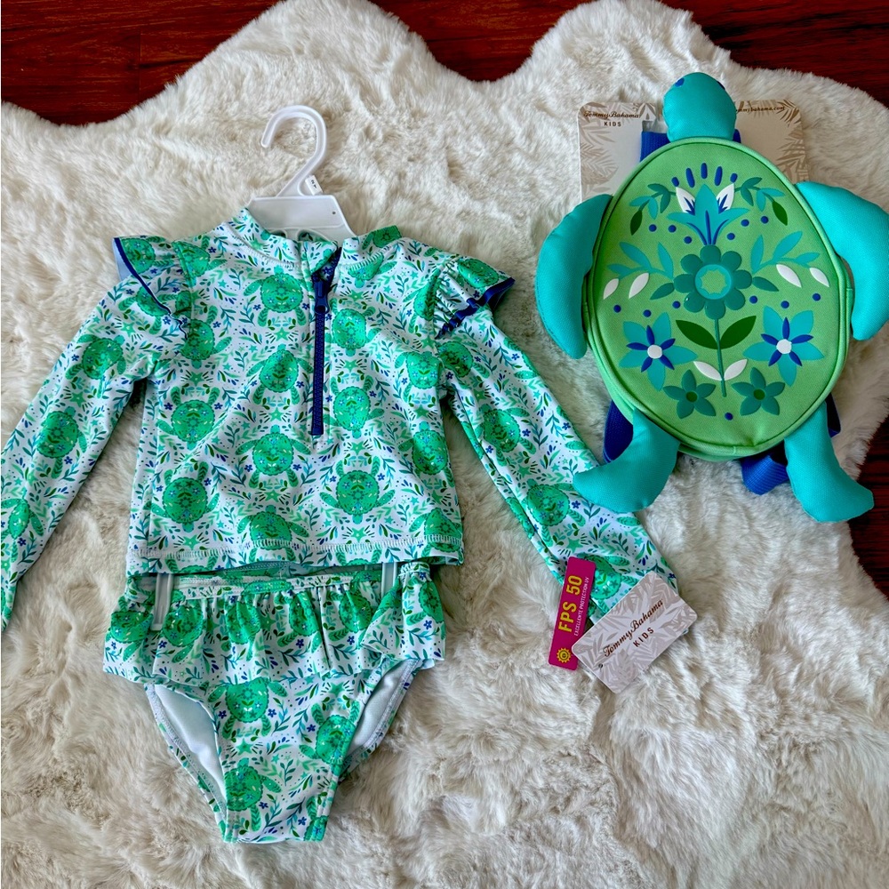 NWT Tommy Bahamas Kids Swim Set with Turtle Design - Green and Blue